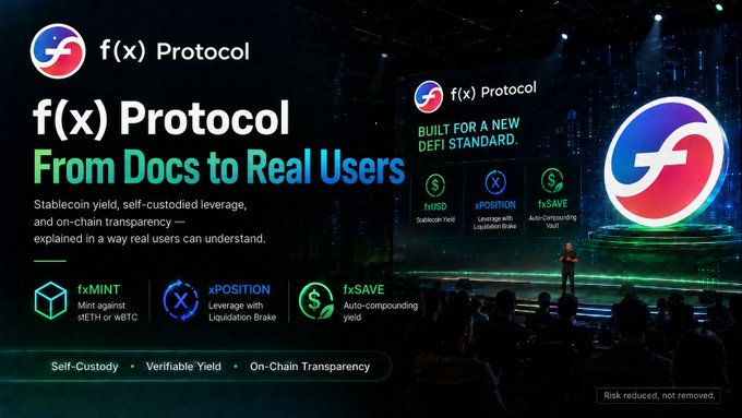 A man stands on a dimly lit stage presenting f(x) Protocol's "From Docs to Real Users" campaign, with screens displaying its product suite—fxMINT, xPOSITION, fxSAVE, and USD Stablecoin Yield—alongside the tagline "Built for a New DeFi Standard." The image visually reinforces the post's theme of translating complex DeFi concepts into accessible terms for real users at the Chengdu Ethereum meetup.