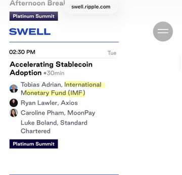 A Ripple Swell schedule screenshot shows “Accelerating Stablecoin Adoption” at 2:30 PM, featuring Tobias Adrian of the International Monetary Fund (IMF), Ryan Lawler of Axios, and Caroline Pham of MoonPay. It supports the accompanying claim by listing IMF and BlackRock-related speakers in the event program.