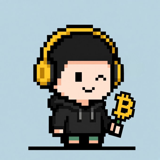 A pixel art illustration of a character wearing yellow headphones and a black hoodie, holding a yellow Bitcoin symbol on a light blue background.