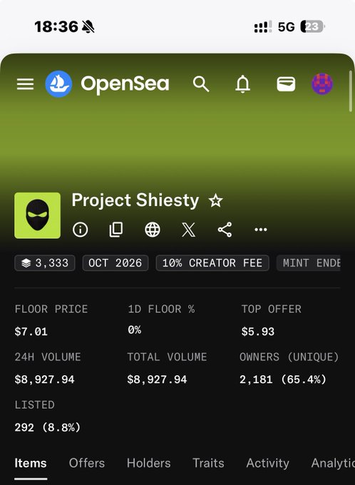 An OpenSea mobile app screenshot displaying the 'Project Shiesty' NFT collection page, which has 3,333 items, a 10% creator fee, a floor price of $7.01, and 2,181 unique owners.