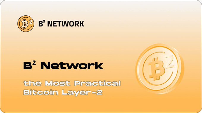 A promotional banner for B² Network featuring a gold Bitcoin-style coin with 'B²' engraved on it, with the text 'B² Network - the Most Practical Bitcoin Layer-2'.