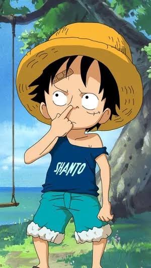 An anime illustration of a young boy in a straw hat, blue 'SHANTO' tank top, and teal shorts, picking his nose under a tree with a rope swing in the background.