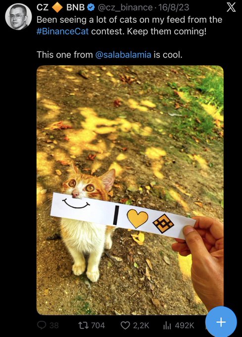 A screenshot of CZ's (@cz_binance) August 16, 2023 tweet showcasing a winning entry from the #BinanceCat contest—an orange cat holding a paper sign that reads "I ❤️ BNB" (with the Binance logo)—with 2.2K likes and 492K views, reflecting how CZ's tweets and crypto branding effortlessly spawn memeable moments.
