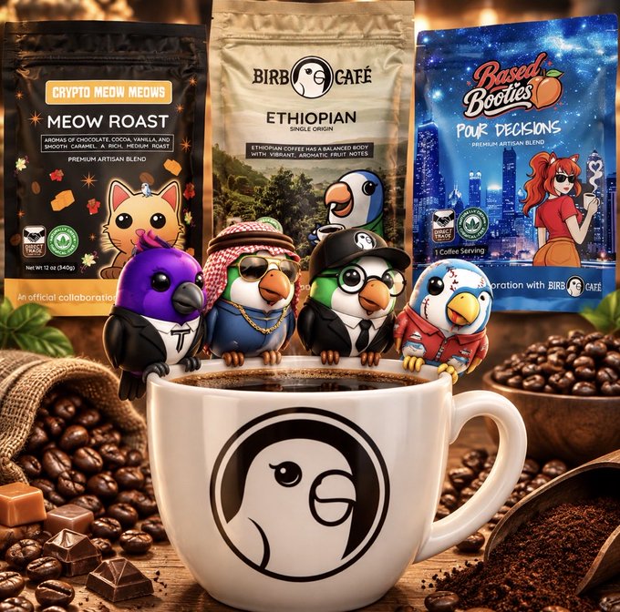 A promotional image for Birdg Café coffee featuring three bags of coffee (Crypto Meow Meadows Meow Roast, Ethiopian Single Origin, and Bored Boooties Pour Decisions) behind a coffee mug with four cartoon birds perched on it.
