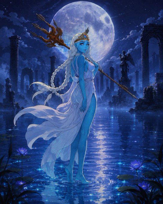 A blue-skinned ethereal figure with long white braided hair stands in shallow water beneath a glowing full moon, holding a golden trident amid ancient ruins.