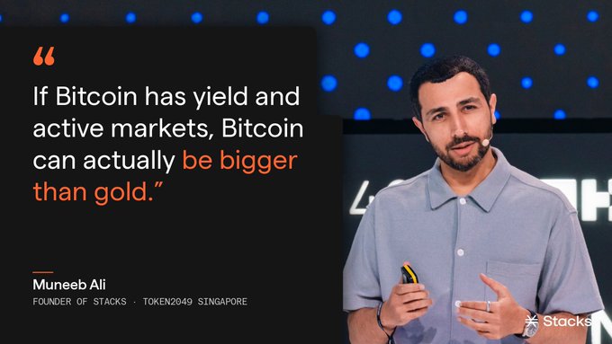 Muneeb Ali, Founder of Stacks, delivers a quote on the OKX main stage at TOKEN2049 Singapore: "If Bitcoin has yield and active markets, Bitcoin can actually be bigger than gold."