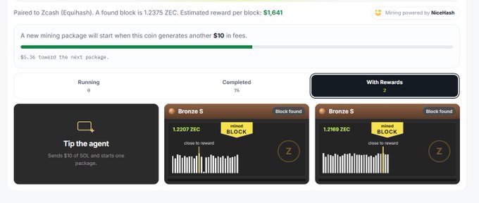 A NiceHash mining dashboard showing Zcash (Equihash) paired mining with an estimated reward per block of $1,641, and completed mining packages.