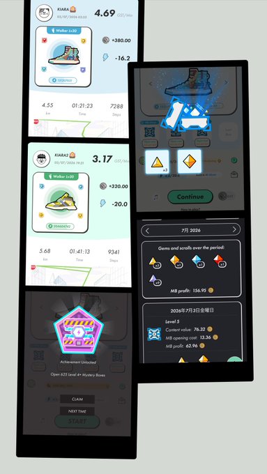 StepN app screenshots showing multiple sneaker NFTs, gameplay progress, and gacha/achievement interfaces.