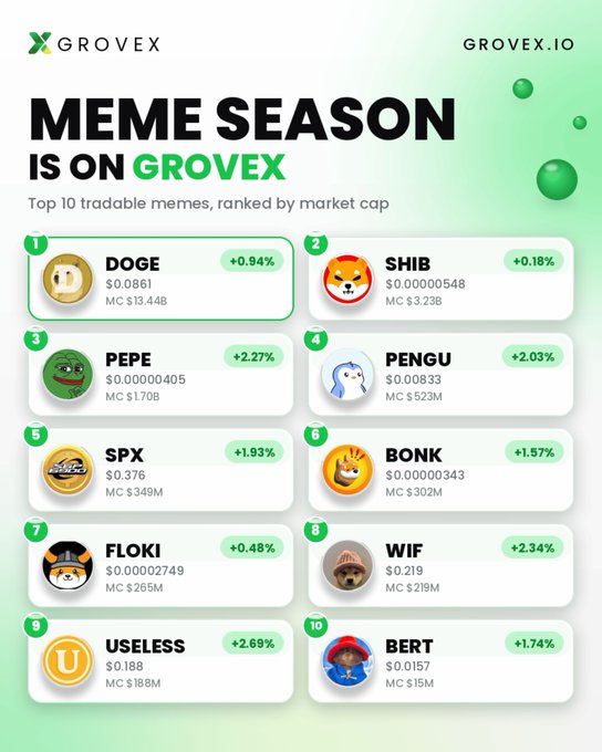Grovex.io promotional graphic titled 'MEME SEASON IS ON GROVEX' listing the top 10 tradable memes by market cap: 1. DOGE ($0.0861, +0.94%), 2. SHIB, 3. PEPE, 4. PENGU, 5. SPX, 6. BONK, 7. FLOKI, 8. WIF, 9. USELESS, 10. BERT.
