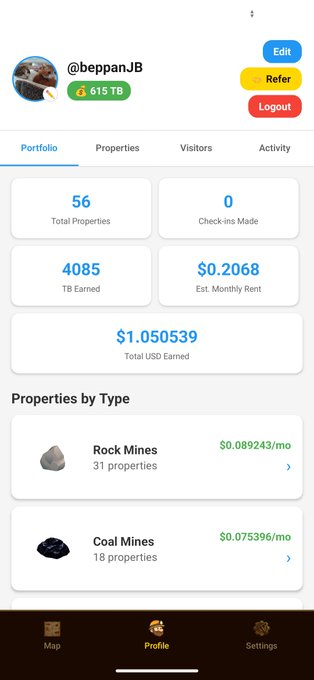 A mobile app profile screen for user @beppanJB showing 615 TB, with portfolio stats including 56 total properties, 4085 TB earned, $0.2068 est. monthly rent, $1.050539 total USD earned, broken down into 31 Rock Mines and 18 Coal Mines properties.