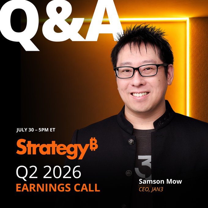 The image is a promotional graphic for a Strategy (MSTR) Q2 2026 Earnings Call Q&A, featuring CEO Phong Le scheduled for July 30 at 5 PM ET, and shows Samson Mow, CEO of JAN3. The reference to "BIP110" relates to a Bitcoin Improvement Proposal for quantum-resistant cryptography, tying the post's question to Bitcoin's evolving protocol discussions often championed by figures like Mow.