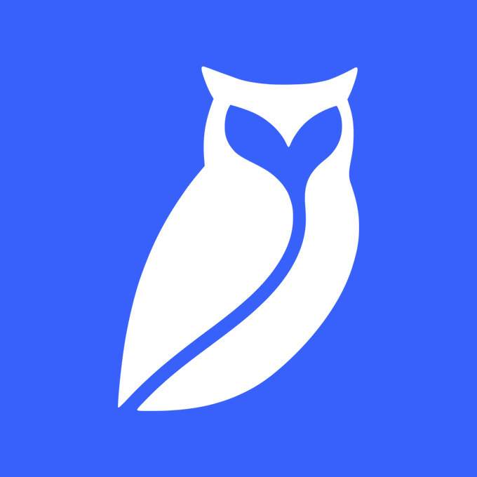 A minimalist white owl logo displayed on a blue background, presented as a new branding design seeking feedback with the caption "New logo, hoot this?" as a playful pun on the owl imagery.