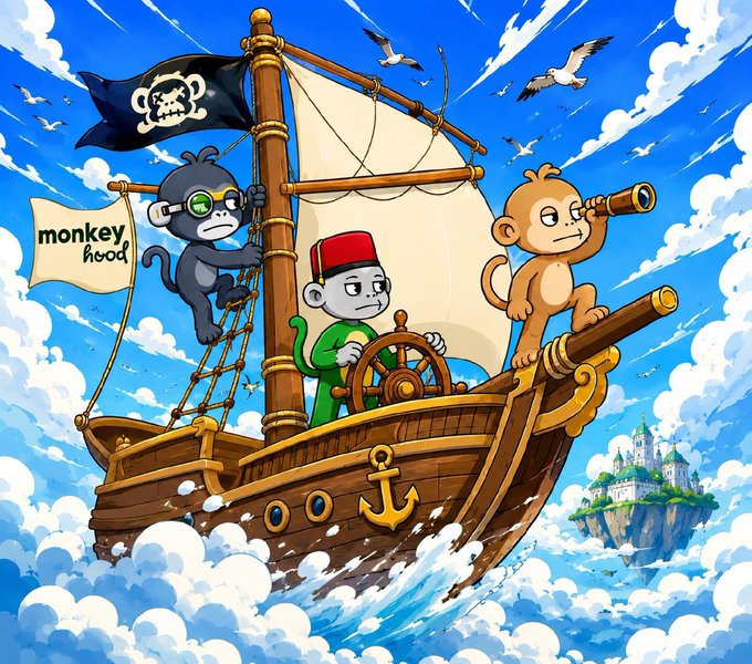 A colorful cartoon illustration of monkeys sailing a wooden pirate ship with an anchor and sails through cloudy skies toward a floating castle, featuring a skull-and-crossbones flag and a "monkeyhood" banner.