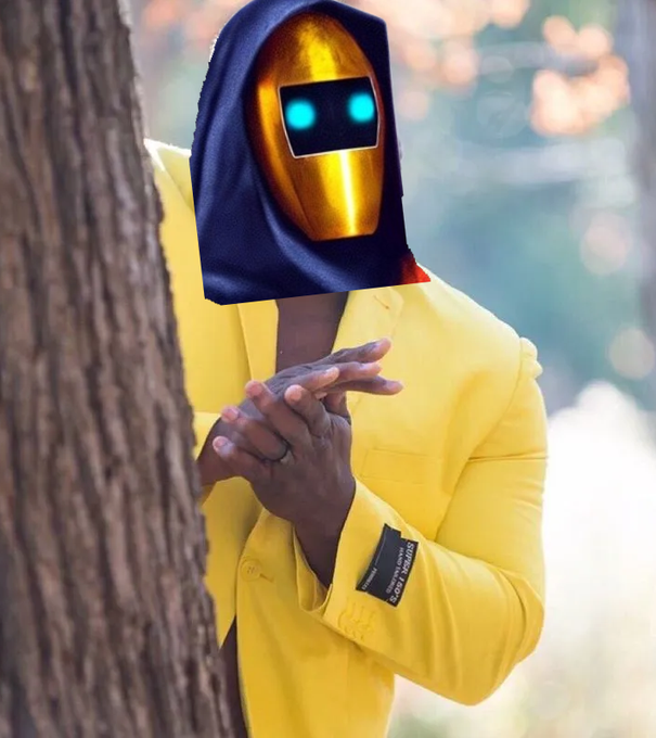 A person in a bright yellow suit with a 'OFF-WHITE' sleeve tag poses with their hands clasped near a tree, their face obscured by an image of a glowing yellow robotic helmet with cyan eyes.