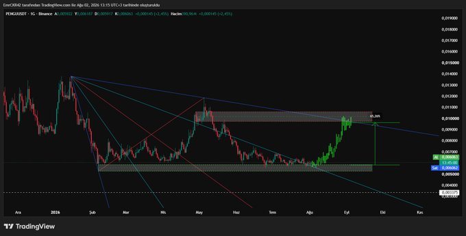 A TradingView candlestick chart for 'PENGU/USDT' on Binance, displaying various trendlines and technical analysis indicators.
