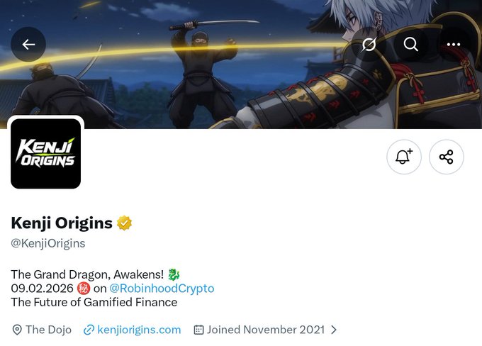 The image shows the X (formerly Twitter) profile page for "Kenji Origins" (@KenjiOrigins), featuring an anime-style header depicting samurai in combat and the profile logo. The displayed pinned post references "The Grand Dragon. Awakens!" dated 09.02.2026 on @RobinhoodCrypto, aligning with the accompanying description of an anime-native IP and gamified finance ecosystem with 3,333 total supply.