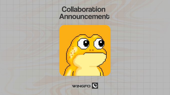 A "Collaboration Announcement" graphic featuring a pixelated yellow frog on an orange background with the "WINGFO" logo, promoting a partnership between Wingfo and @zecfrogs for the first Frog collection on ZEC, with 6,969 supply, a free mint, and an upcoming raffle on Discord.
