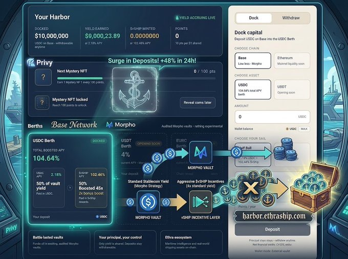 A cryptocurrency dashboard titled 'Your Harbor' showing docked USDC of $10,000,000 and $vSHIP yielded earned of $9,000,23.89, with sections for Base Network and Morpho staking yields.
