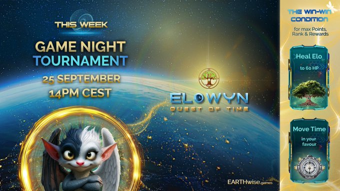 A promotional graphic for a 'GAME NIGHT TOURNAMENT' on September 25 at 14PM CEST for the game 'ELOWYN: QUEST OF TIME' by EARTHwise.games, featuring an elf-like creature and win-win condition details.