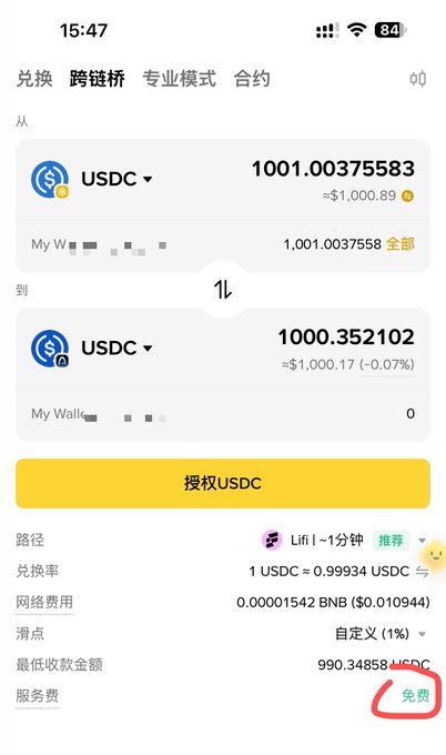 Screenshot of a cryptocurrency exchange interface (in Chinese) showing a USDC token swap with exchange details, network fees, and a highlighted '免费' (free) fee marker.