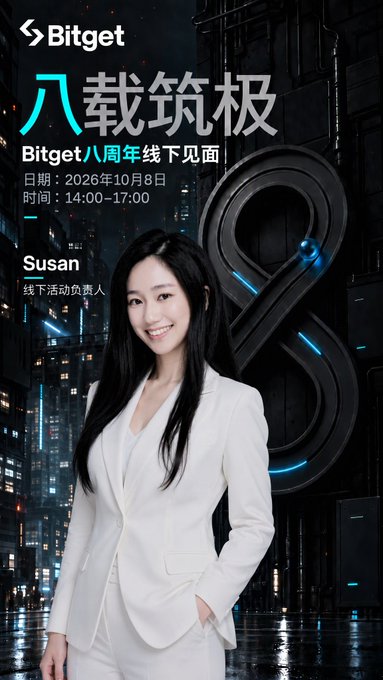 A Bitget promotional poster for their 8th anniversary offline event on 2026年10月8日 featuring Susan, an offline activity lead.
