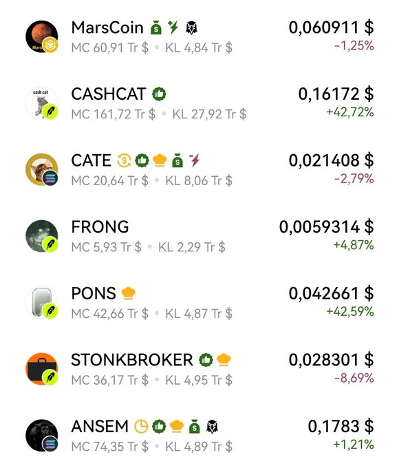 A screenshot of a cryptocurrency price tracker listing meme coins, including MarsCoin, CASHCAT, CATE, FRONG, PONS, STONKBROKER, and ANSEM, with prices, market caps, and 24-hour percentage changes.