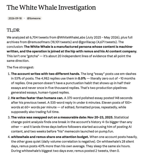 An article titled 'The White Whale Investigation' (dated 2026-09-18) arguing that the @WhiteWhaleLabs Twitter account is a manufactured persona whose content is machine-written.