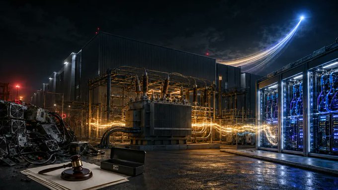An industrial scene showing a transformer connected to data center server racks at night, illustrating the physical infrastructure repurposed by Core Scientific to pivot from bankruptcy-stricken Bitcoin mining to high-density AI computing. The warm glow of electrical currents flows from the power equipment into the illuminated server racks, visualizing how the company's existing grid-connected power and land assets now drive AI data center operations.