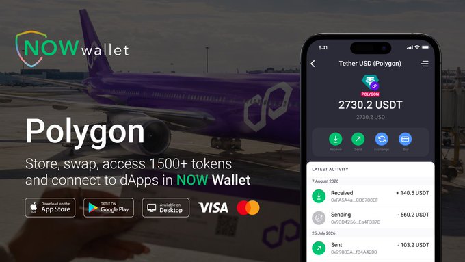 A promotional advertisement for NOW Wallet showing a mobile phone displaying a Tether USD (Polygon) wallet with 2730.2 USDT balance and transaction history, with text reading 'Polygon - Store, swap, access 1500+ tokens and connect to dApps in NOW Wallet' alongside App Store, Google Play, Desktop, and Visa/Mastercard logos.