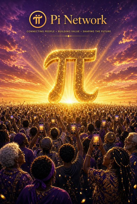 A promotional poster for Pi Network showing a large crowd of people holding up phones with the glowing Pi (π) symbol against a dramatic sunset sky, with tagline 'Connecting People · Building Value · Shaping the Future'.