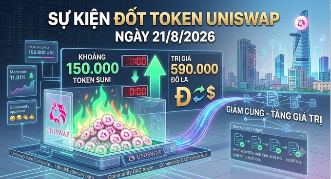 A promotional graphic in Vietnamese announces that Uniswap burned approximately 150,000 $UNI tokens (valued at $590,000) on August 21, 2026, highlighting the deflationary effect ("GIẢM CUNG - TĂNG GIÁ TRỊ" / reducing supply, increasing value) with imagery of burning tokens, a laptop displaying the Uniswap logo, and a futuristic city skyline backdrop.