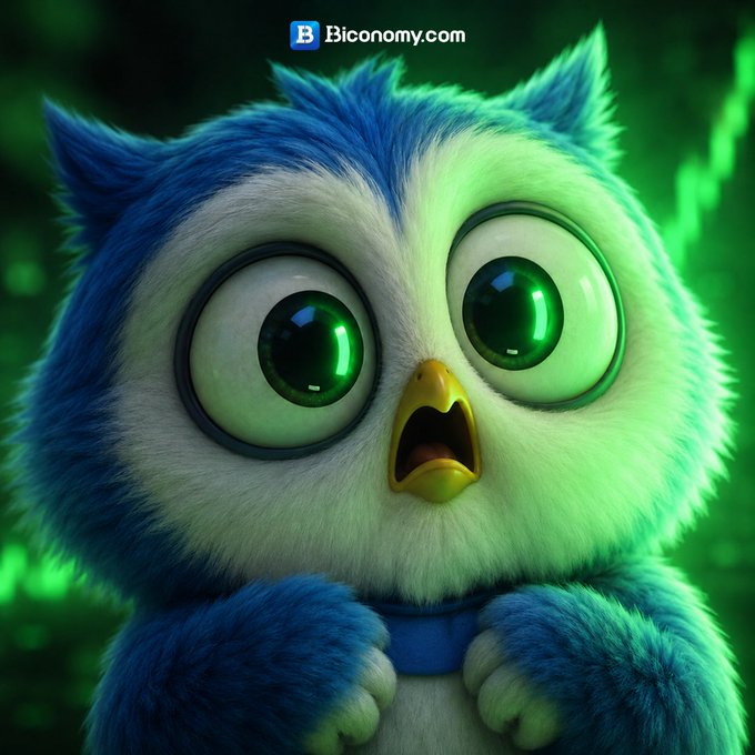 A blue and white fluffy owl-like cartoon character with large expressive green eyes appears surprised in front of a green glowing background, with 'B Bconomy.com' displayed at the top.