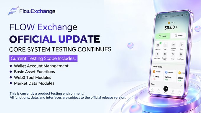 A promotional banner for Flow Exchange announces an official update that core system testing is ongoing, with the current testing scope covering wallet account management, basic asset functions, Web3 tool modules, and market data modules, accompanied by a smartphone mockup displaying a dashboard with a $0.00 Test balance and market values including BTC at 77,285.63, ETH at 2,432.58, and BNB at 695.88. The image visually reinforces the message that the platform—despite being in a product testing environment—is methodically refining its full suite of crypto and Web3 functionalities through repeated verification before official release.