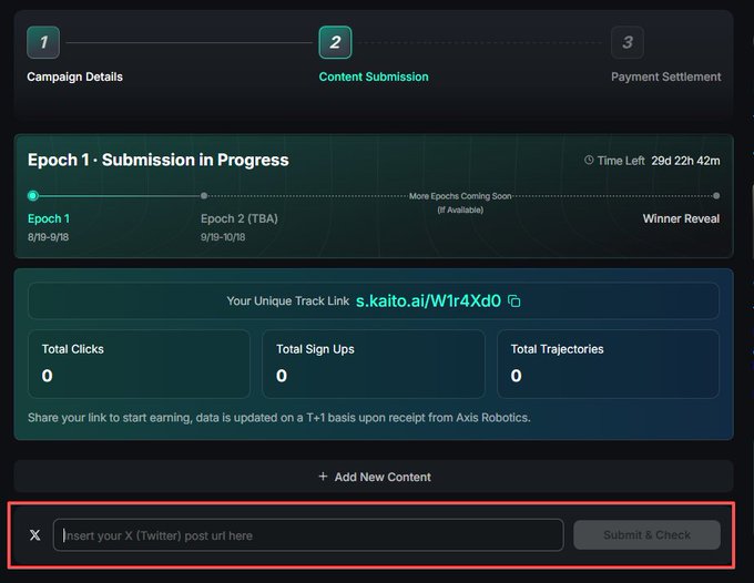 A campaign submission interface on a platform, currently in 'Content Submission' step 2, showing Epoch 1 progress with a unique track link (s.kaito.ai/W1r4Xd0) and metrics for total clicks, sign ups, and trajectories, all at zero.