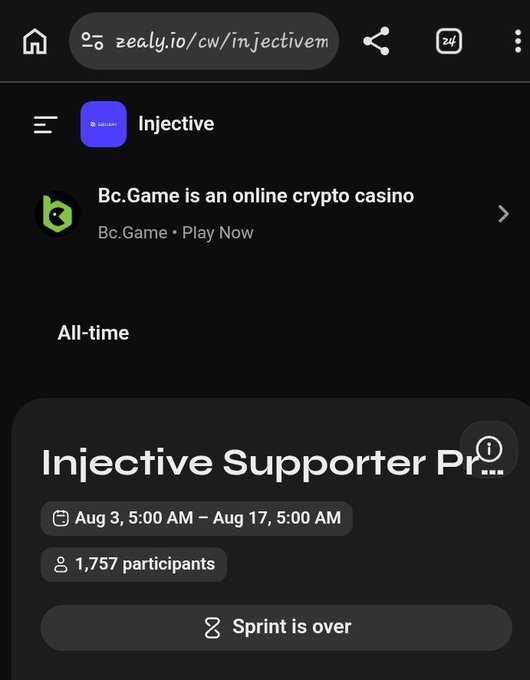A mobile browser screenshot of zealy.io showing an 'Injective Supporter' campaign that ran from Aug 3 to Aug 17 with 1,757 participants, marked as 'Sprint is over'.