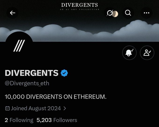 X (Twitter) profile page for 'DIVERGENTS' (@Divergents_eth), described as 'AN AI ART COLLECTION', showing '10,000 DIVERGENTS ON ETHEREUM', joined August 2024, with 2 Following and 5,203 Followers.