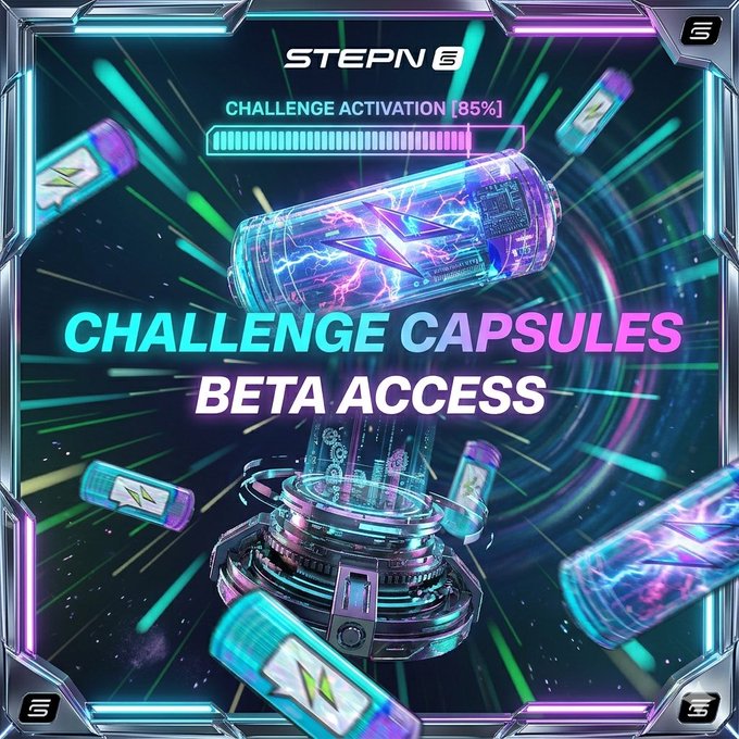 The image features an advertisement for a video game called "Challenge Capsules" that uses futuristic technology, such as neon lights and futuristic elements like spaceships and planets. The text on the image reads "STEPN Challenge Capsule Here's how it works: Each Capsule contains rewards. As a user, you can choose to open a Capsule to Unlock a challenge. Once unlocked, you’ll need to complete the challenge within a limited time using STEPN or STEPN GO". The advertisement is promoting a new video game that uses futuristic technology and rewards players for completing challenges in a timely manner.
