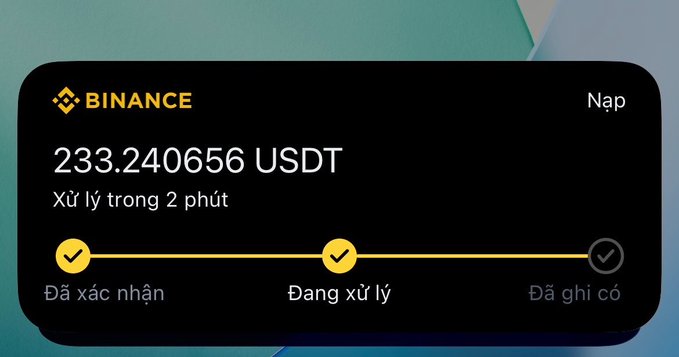 Binance transaction status showing 233.240656 USDT being processed within 2 minutes, with checkpoints for confirmed, processing, and recorded.