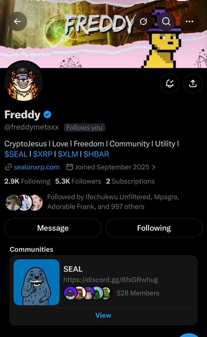 A Twitter/X profile for 'Freddy' (@freddymetaxx) with a crypto-themed banner, bio mentioning $XRP, $XLM, $HBAR, and a link to sealonxrp.com.