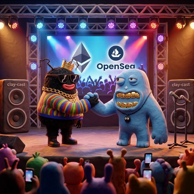 A whimsical claymation scene shows a furry character with a crown and gold chain shaking hands with a blue monster on a concert stage, with Ethereum and OpenSea logos displayed on the screen behind them and 'clay-cast' speakers on either side.