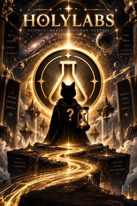 A fantasy-style promotional poster for "HOLYLABS" features the tagline "SCIENCE MEETS A HIGHER PURPOSE" and a hooded cat figure holding an hourglass, with text including "BUILD EXPLORE CREATE TOGETHER," "A KINDER DIGITAL WORLD," "PEOPLE IDEAS TECH IMPACT," "FOR A BRIGHTER TOMORROW," and "CURIOSITY BUILDS POSSIBILITIES."
