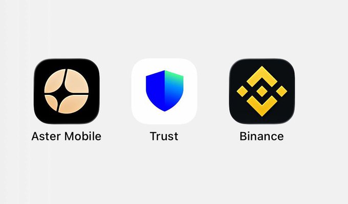 Three crypto app icons are displayed: Aster Mobile (black icon with gold star-like logo), Trust (blue shield on white), and Binance (black icon with yellow geometric logo). The image relates to the post by showing the three platforms likely needed for the $ASTER trading method described—Aster Mobile as the source, Trust Wallet as an intermediary, and Binance as the destination exchange.