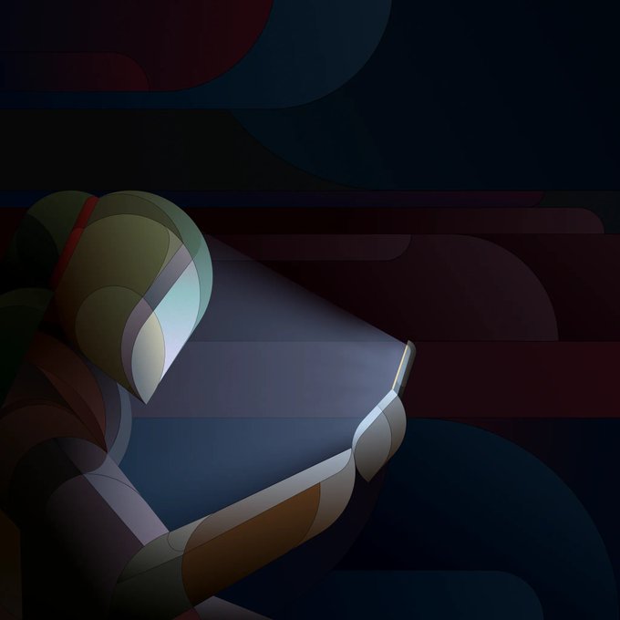 A stylized, dark-toned animated image featuring abstract shapes and a figure, possibly a character reading or holding something, rendered in muted colors.