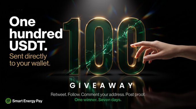 This image announces a "GIVEAWAY" from Smart Energy Pay, offering "One hundred USDT" to be sent directly to a winner's wallet. The text "One winner. Seven days." aligns with the contest's duration and exclusivity mentioned in the accompanying post.