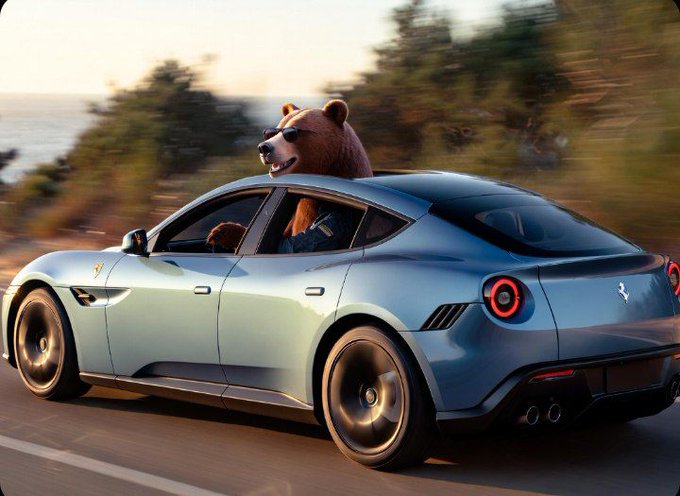 The image features a car with a bear sitting on top of it. The car appears to be a sports car or a luxury vehicle, as indicated by its design and color. The bear seems to be enjoying the ride, possibly because it's a furry creature that naturally enjoys being in motion. The caption suggests that this unique scene might be related to an advertisement for a new electric car or a special edition vehicle, which could explain why the bear is on top of the car.