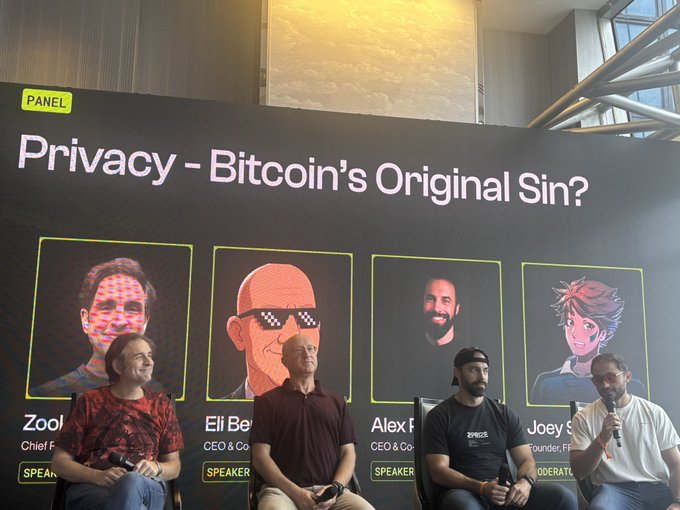 A panel discussion titled 'Privacy - Bitcoin's Original Sin?' featuring speakers from Zool and Fedi including Zig, Eli, Alex, and Joey.