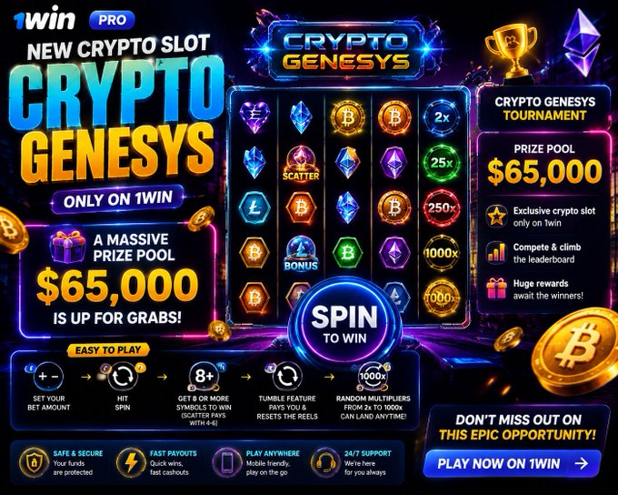 Promotional advertisement for the '1win PRO' platform featuring a 'Crypto Genesys' slot game with a $65,000 prize pool, displaying crypto symbols like Bitcoin and Ethereum alongside a 'Spin to Win' button.