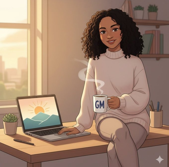 A woman with curly hair in a cream sweater sits at a desk holding a steaming "GM" mug, with a laptop displaying a sunrise/mountain wallpaper—visually reinforcing the "Good morning" greeting and the optimistic start to a new week.