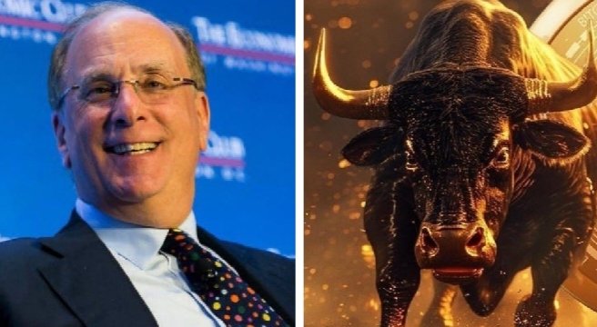 Larry Fink, the CEO of BlackRock, is featured alongside a powerful bull, symbolizing the **$183.41 million** in Bitcoin that BlackRock clients have recently added to their holdings, signaling continued institutional demand.