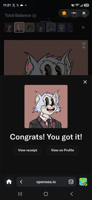 A mobile screenshot from OpenSea showing a successful NFT purchase with a cartoon wolf character in a suit, with the message 'Congrats! You got it!' and buttons to 'View receipt' or 'View on Profile'.